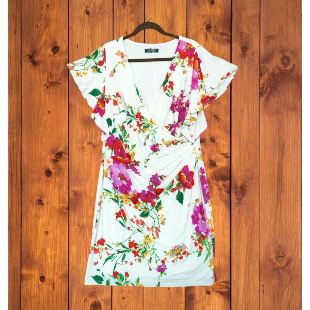 Lauren Ralph Lauren Women's Faux-Wrap Floral Jersey Dress V-neck Flutter‎ Sleeve